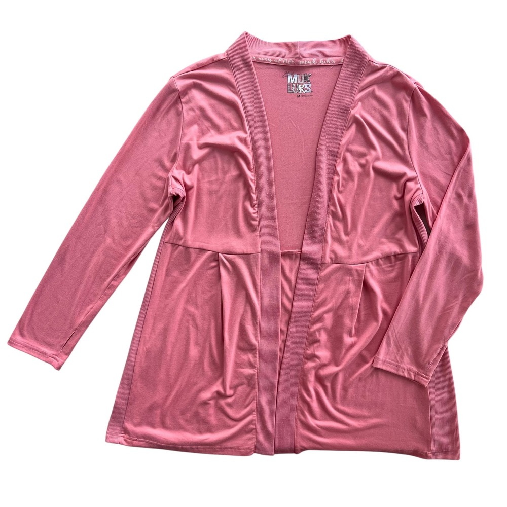 MUK LUKS Womens Med Pink Peach Cloud Knit Ribbed Open Front Long Sleeve Cardigan